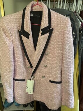 ZARA light pink blazer with black trim